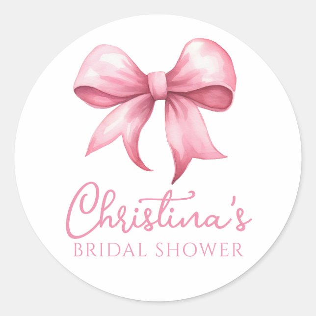 Pegatina Redonda Bow rosa Coquette Bridal Shower (Anverso)