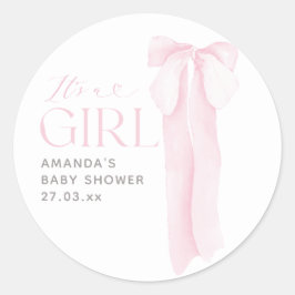 Pegatina Redonda Bow rosa Minimalista Es un Baby Shower Chica