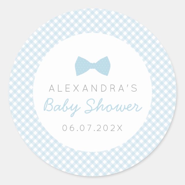 Pegatina Redonda Bow tie azul gingham baby ducha (Anverso)