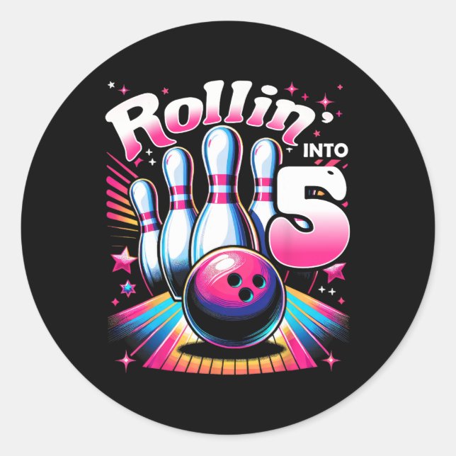 Pegatina Redonda Bowling Birthday Rollin Into 5 Party 5th Birthday  (Anverso)