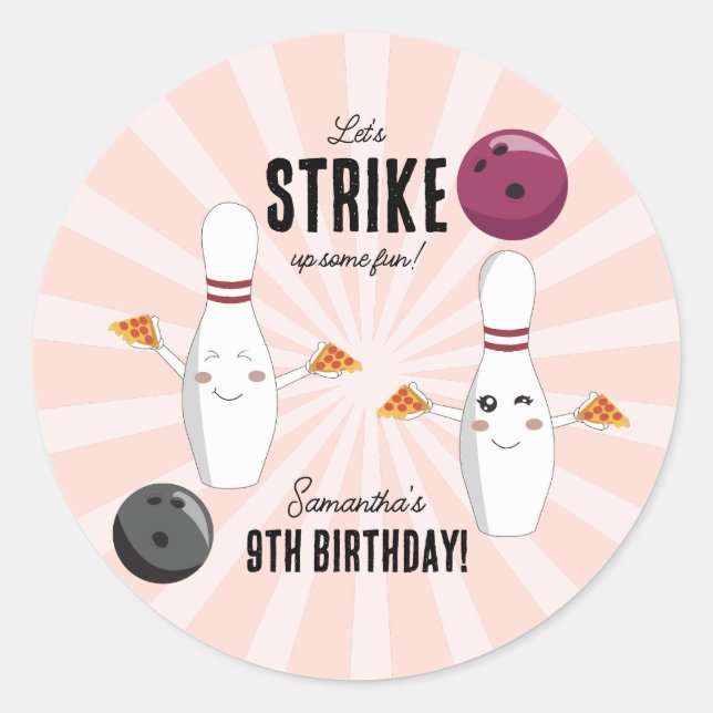 Pegatina Redonda Bowling Pizza Strike Algunos Divertidos Niños Cump (Anverso)