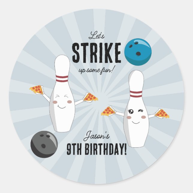 Pegatina Redonda Bowling Pizza Strike Algunos Divertidos Niños Cump (Anverso)
