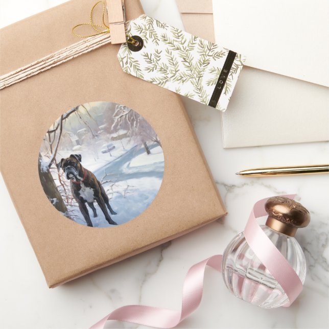 Pegatina Redonda Boxeador Deja que nieve Navidad (Regalar)