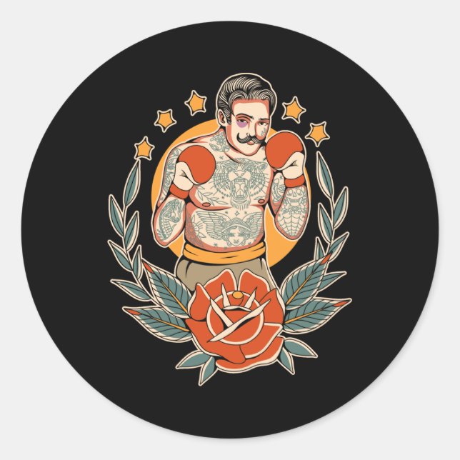 Pegatina Redonda Boxeador tatuador tradicional estadounidense Flash (Anverso)