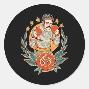 Pegatina Redonda Boxeador tatuador tradicional estadounidense Flash