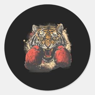 Pegatina Redonda Boxeador Tigre Con Guantes De Boxeo Kickboxing Div