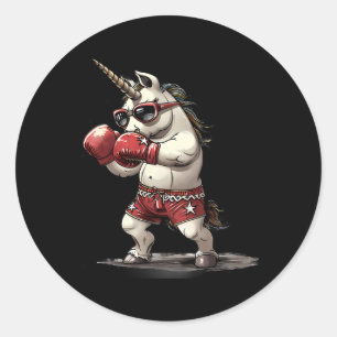 Pegatina Redonda Boxeador Unicornio Con Guantes De Boxeo Kickboxing