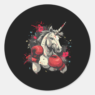 Pegatina Redonda Boxeador Unicornio Con Guantes De Boxeo Kickboxing