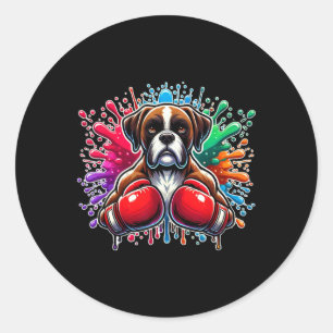 Pegatina Redonda Boxeo divertido Kickboxing Lover Boxer Perro Paint