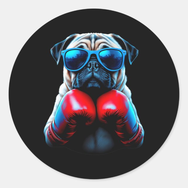 Pegatina Redonda Boxeo Pug Perro Kickboxing Cool  (Anverso)