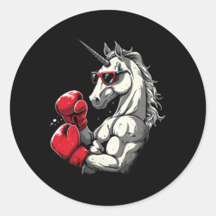 Pegatina Redonda Boxeo Unicornio Con Guantes De Boxeo