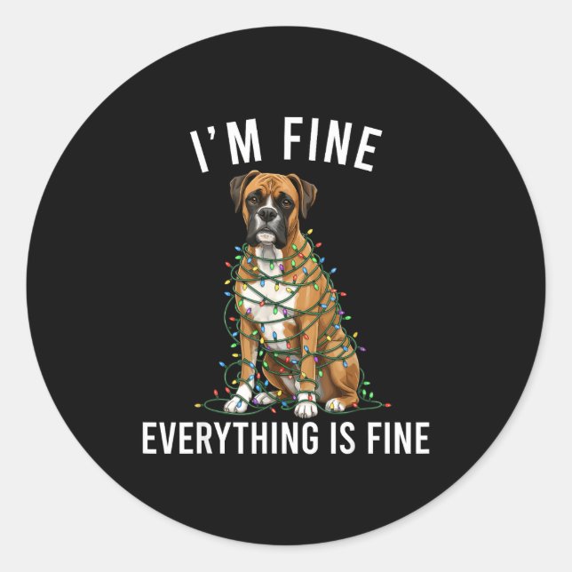 Pegatina Redonda Boxer Dog Christmas I'm Fine Everything Is Fine  (Anverso)