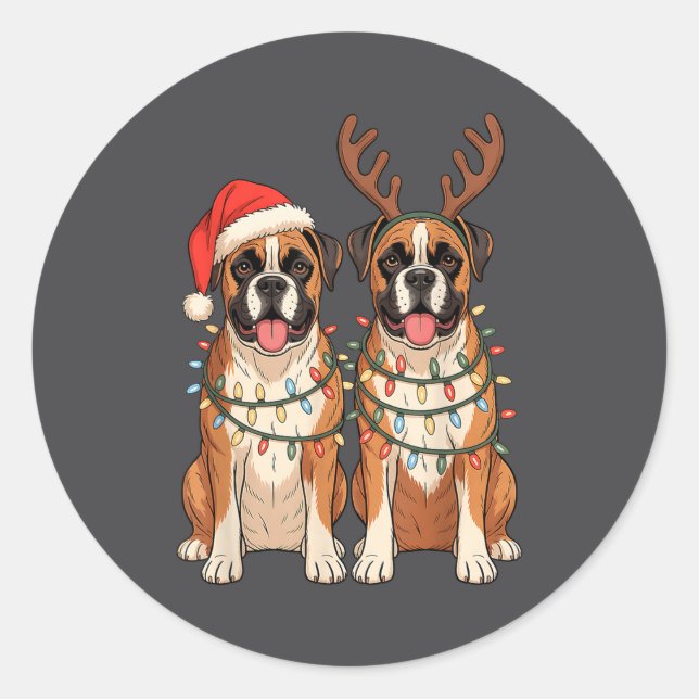Pegatina Redonda Boxer Dog Christmas Santa Hat Reindeer Lights Paja (Anverso)