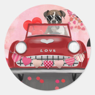 Pegatina Redonda Boxer Dog Driving Car con Corazones Valentine