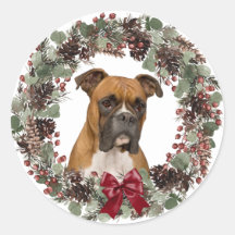 Boxer Dog Red Bow Pinecone Wreath Navidades