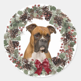 Pegatina Redonda Boxer Dog Red Bow Pinecone Wreath Navidades