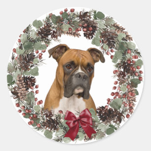 Pegatina Redonda Boxer Dog Red Bow Pinecone Wreath Navidades