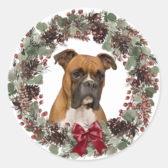 Pegatina Redonda Boxer Dog Red Bow Pinecone Wreath Navidades (Anverso)