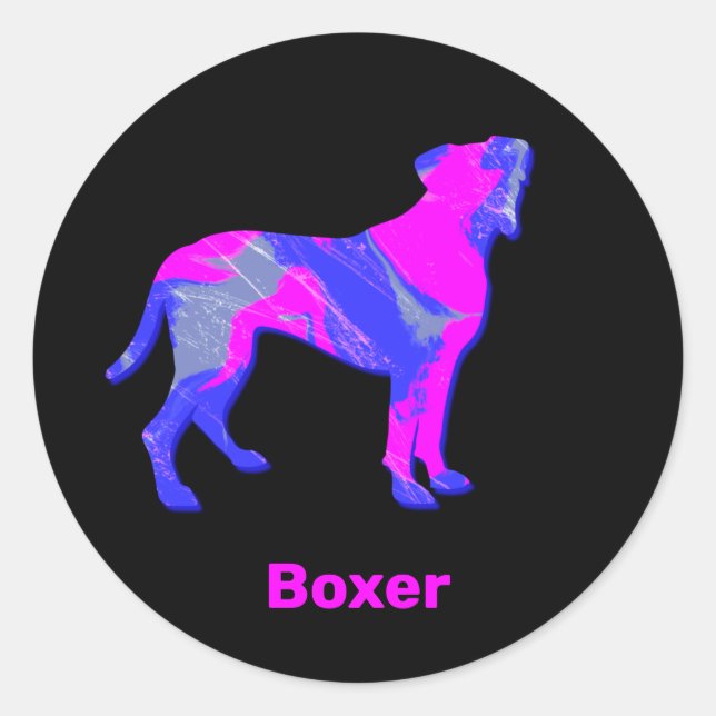 Pegatina Redonda Boxer Dog Silueta rosa caliente y azul (Anverso)