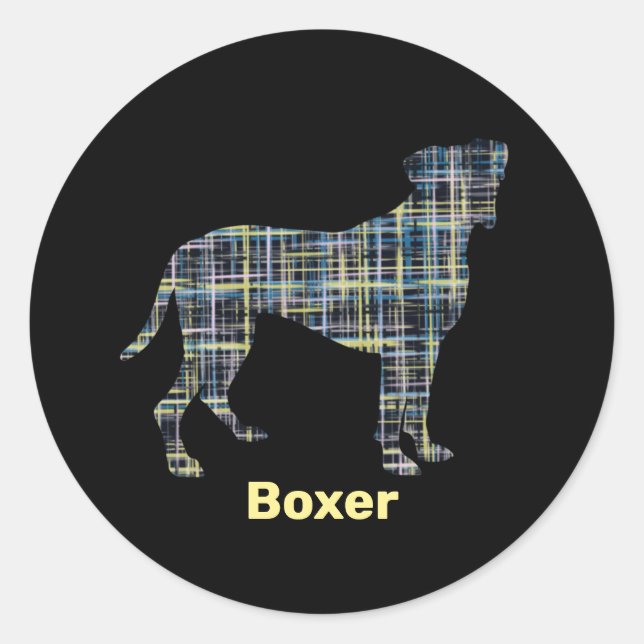Pegatina Redonda Boxer Dog Yellow & Black Grid Line (Anverso)