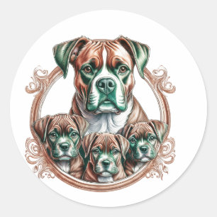 Pegatina Redonda Boxer Madre Y Sus 3 Cachorros