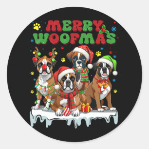 Pegatina Redonda Boxer Merry Woofmas Gracioso Perro amante Navidad