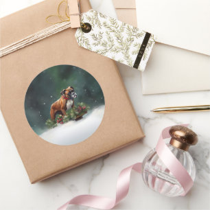 Pegatina Redonda Boxer Navidad nieve invierno