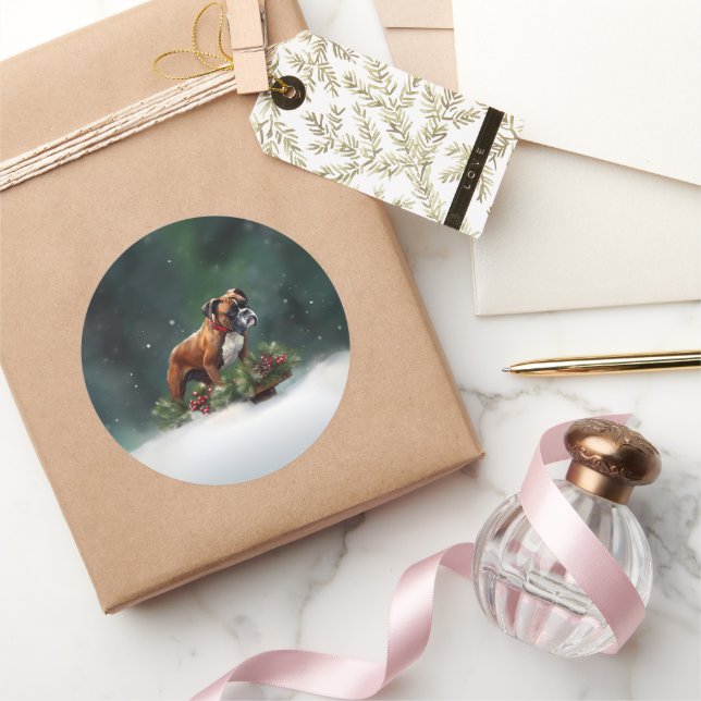 Pegatina Redonda Boxer Navidad nieve invierno (Regalar)