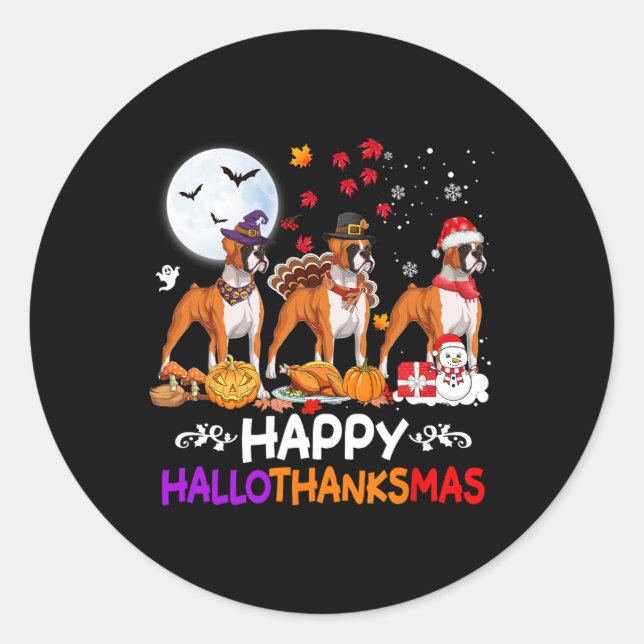Pegatina Redonda Boxer Navidades de perros Felices Hallothankmas Th (Anverso)
