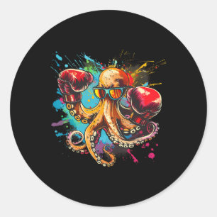 Pegatina Redonda Boxing Octopus Lover Ocean Sea Creature Boxer Kick