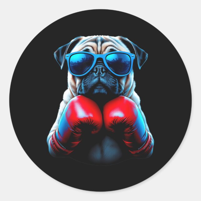 Pegatina Redonda Boxing Pug Dog Kickboxing Guay (Anverso)