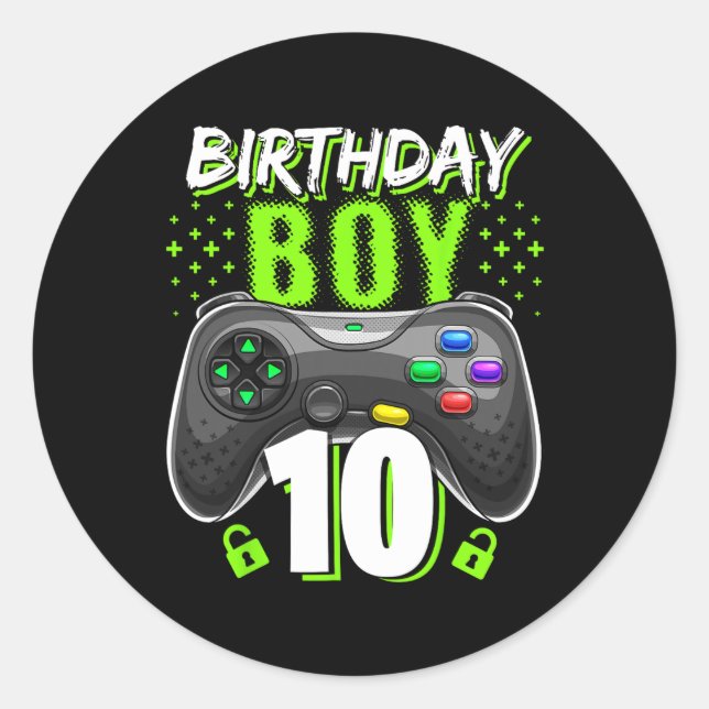 Pegatina Redonda Boy 10 Video Game Controller Gamer 10 Cumpleaños (Anverso)