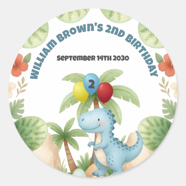 Pegatina Redonda Boy 2nd Birthday Dinosaur Two A Saurus Sticker (Anverso)