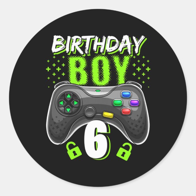 Pegatina Redonda Boy 6 Video Game Controller Gamer 6Cumpleaños Gif (Anverso)