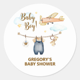 Pegatina Redonda Boy Adventure Clothesline Airplane Sky Baby Shower