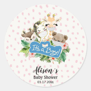 Pegatina Redonda Boy Baby Shower   Amigos de animales salvajes Cuad