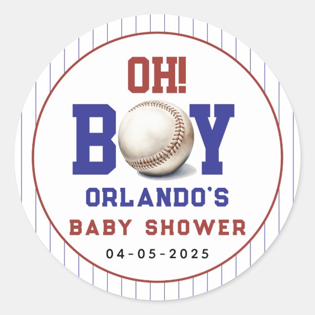 Pegatina Redonda Boy Baseball Baby Shower | Cute Sports Party (Anverso)