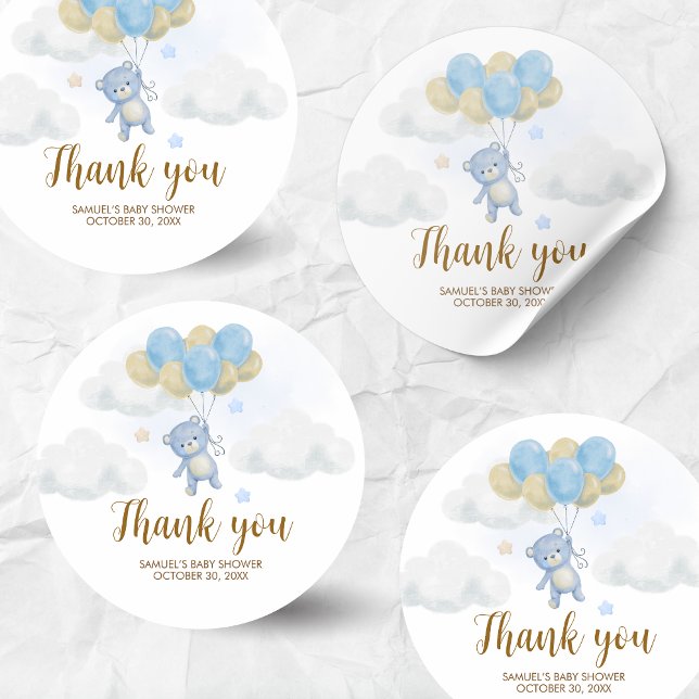 Pegatina Redonda Boy Bear Bearly Wait Baby Shower (Blue We Can Bearly Wait Bear Balloons Baby Shower Sticker)