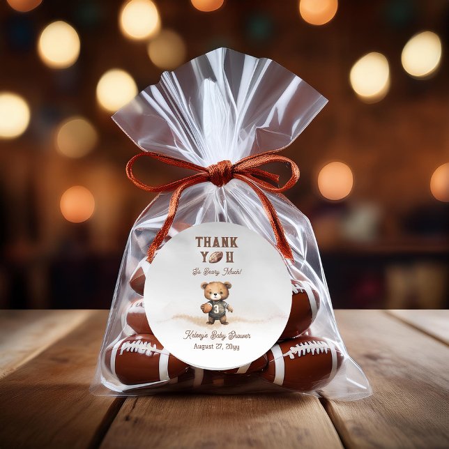 Pegatina Redonda Boy Bearly Wait American Football Baby Shower (Teddy Bear Boy American Football Bearly Wait Baby Shower "Thank You Beary Much!" Favor Sticker)
