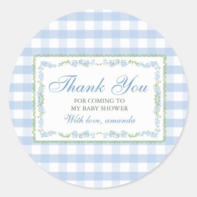 Pegatina Redonda Boy Blue Floral Grandmillenial Baby Shower Gingham (Anverso)