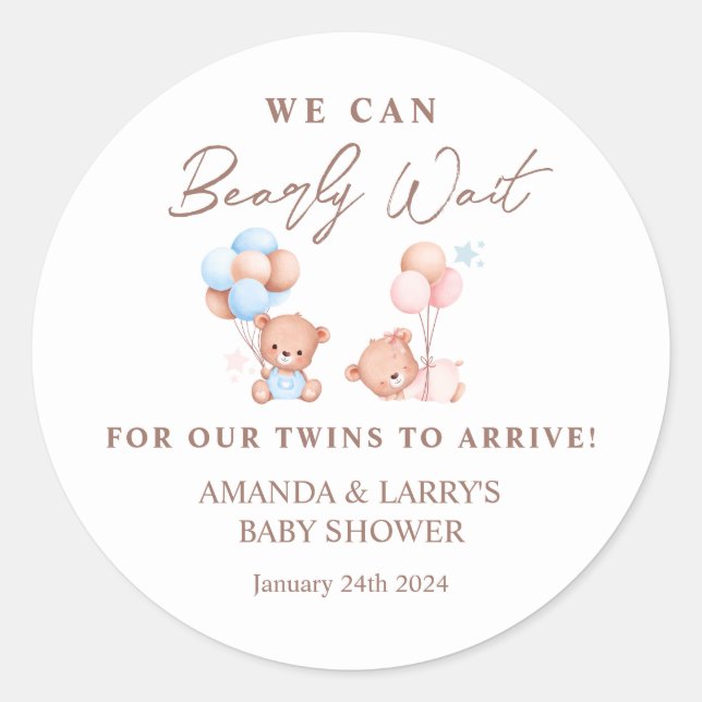 Pegatina Redonda Boy Chica Twins Teddy Bear Baby Shower (Anverso)