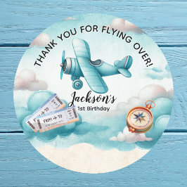Pegatina Redonda Boy Cute Blue Airplane Viajes Niños Personalizado 
