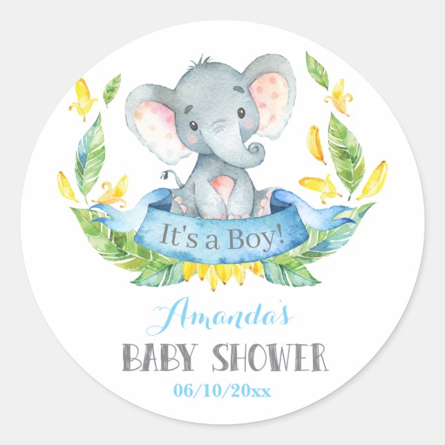 Pegatina Redonda Boy Elephant Baby Shower azul y gris (Anverso)