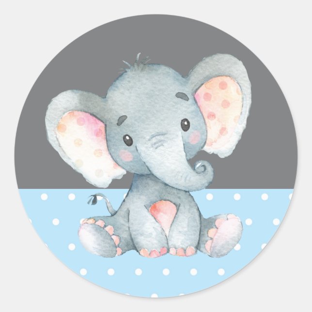 Pegatina Redonda Boy Elephant Baby Shower azul y gris (Anverso)