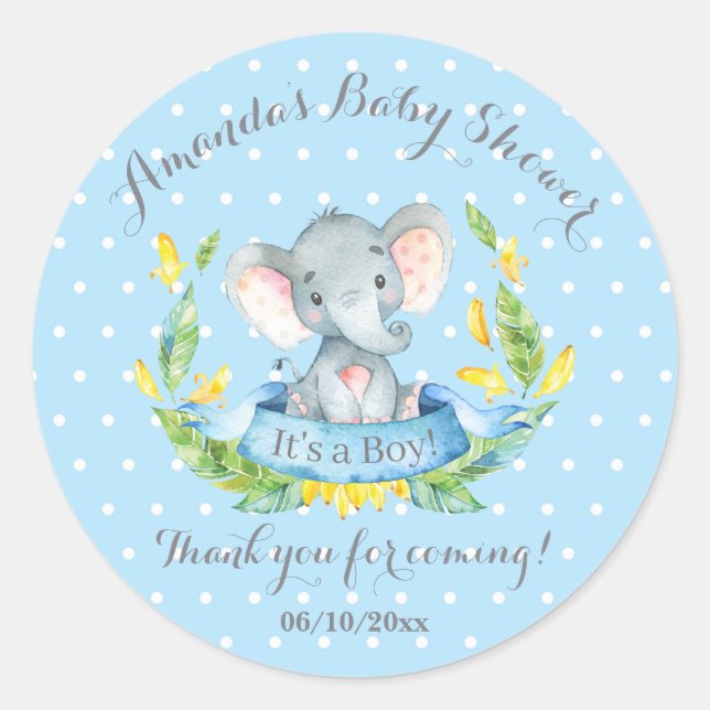 Pegatina Redonda Boy Elephant Baby Shower Blue Gracias A Favor (Anverso)