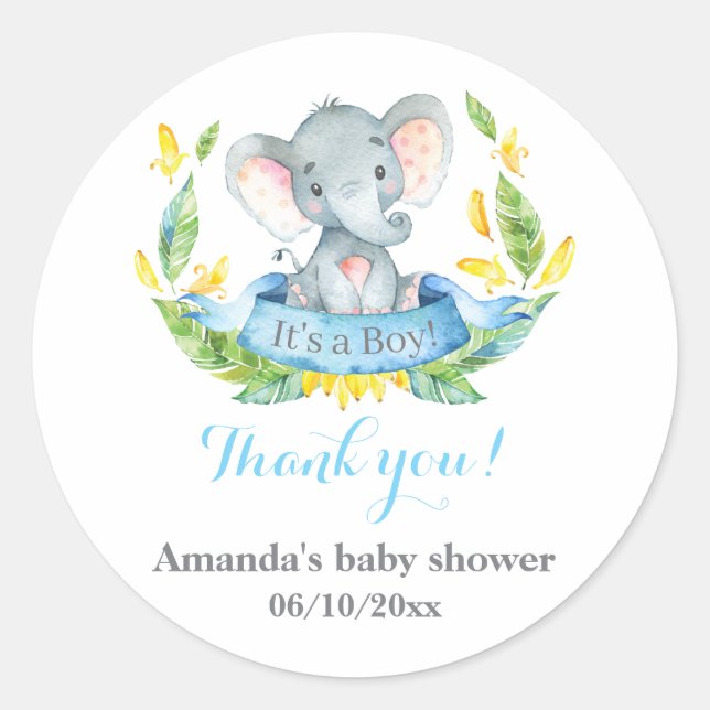 Pegatina Redonda Boy Elephant Baby Shower Blue Gracias A Favor (Anverso)