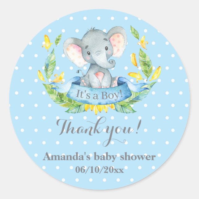 Pegatina Redonda Boy Elephant Baby Shower Blue Gracias A Favor (Anverso)