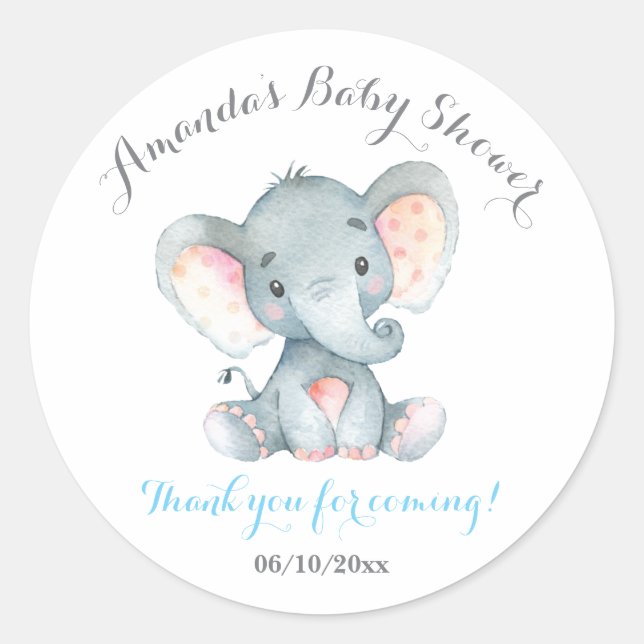 Pegatina Redonda Boy Elephant Baby Shower Blue Gracias A Favor (Anverso)