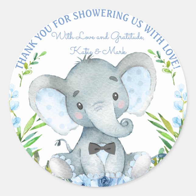 Pegatina Redonda Boy Elephant Baby Shower Pegatinas (Anverso)
