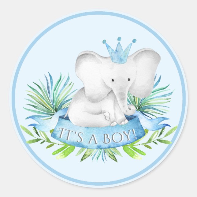 Pegatina Redonda Boy Elephant Baby Shower Pegatinas (Anverso)